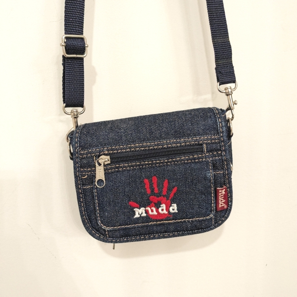Vintage Denim Crossbody Bag with Red Handprint Accent